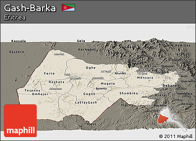 Shaded Relief Panoramic Map of Gash-Barka, darken
