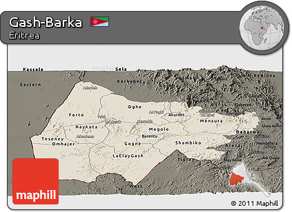 Shaded Relief Panoramic Map of Gash-Barka, darken