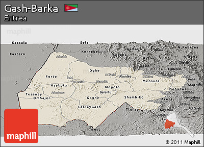 Shaded Relief Panoramic Map of Gash-Barka, darken, semi-desaturated