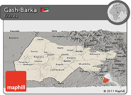 Shaded Relief Panoramic Map of Gash-Barka, darken, semi-desaturated