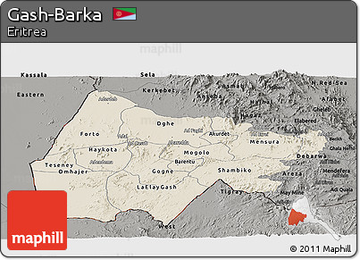 Shaded Relief Panoramic Map of Gash-Barka, darken, semi-desaturated