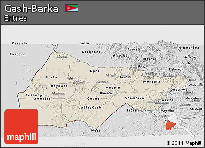Shaded Relief Panoramic Map of Gash-Barka, desaturated