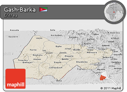 Shaded Relief Panoramic Map of Gash-Barka, desaturated