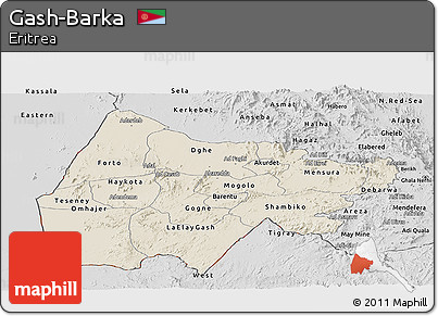 Shaded Relief Panoramic Map of Gash-Barka, desaturated