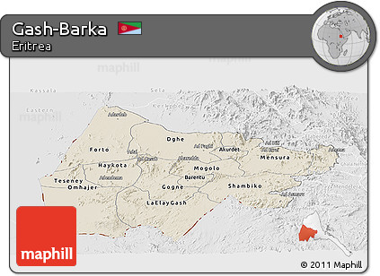 Shaded Relief Panoramic Map of Gash-Barka, lighten, desaturated