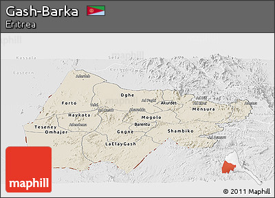 Shaded Relief Panoramic Map of Gash-Barka, lighten, desaturated