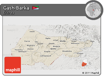 Shaded Relief Panoramic Map of Gash-Barka, lighten, semi-desaturated