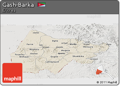 Shaded Relief Panoramic Map of Gash-Barka, lighten, semi-desaturated
