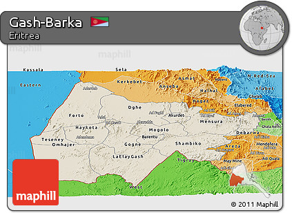 Shaded Relief Panoramic Map of Gash-Barka, political shades outside