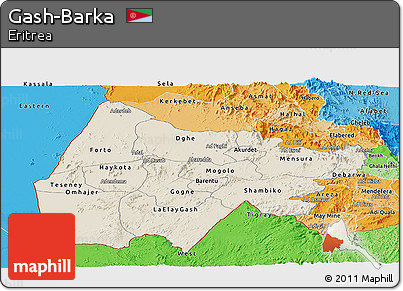 Shaded Relief Panoramic Map of Gash-Barka, political shades outside