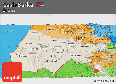 Shaded Relief Panoramic Map of Gash-Barka, political shades outside