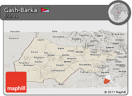 Shaded Relief Panoramic Map of Gash-Barka, semi-desaturated