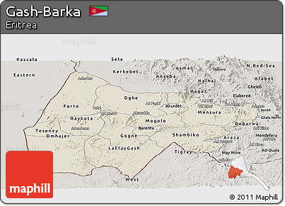 Shaded Relief Panoramic Map of Gash-Barka, semi-desaturated