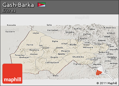 Shaded Relief Panoramic Map of Gash-Barka, semi-desaturated