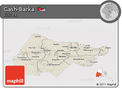 Shaded Relief Panoramic Map of Gash-Barka, single color outside