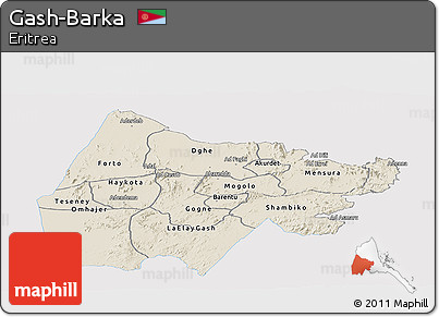 Shaded Relief Panoramic Map of Gash-Barka, single color outside