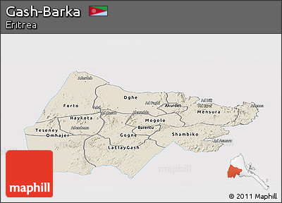 Shaded Relief Panoramic Map of Gash-Barka, single color outside