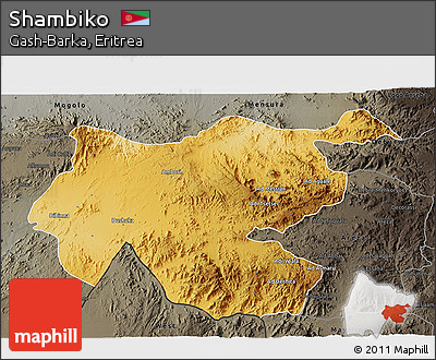 Physical 3D Map of Shambiko, darken, semi-desaturated