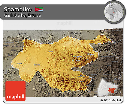 Physical 3D Map of Shambiko, darken, semi-desaturated