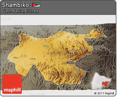 Physical 3D Map of Shambiko, darken, semi-desaturated