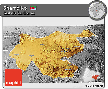 Physical 3D Map of Shambiko, desaturated