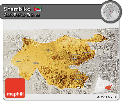 Physical 3D Map of Shambiko, lighten, semi-desaturated