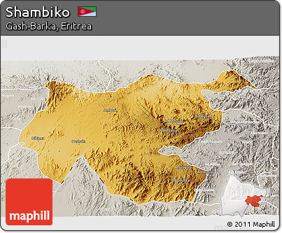 Physical 3D Map of Shambiko, lighten, semi-desaturated