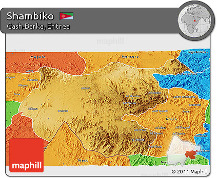 Physical 3D Map of Shambiko, political outside