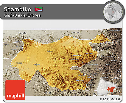Physical 3D Map of Shambiko, semi-desaturated