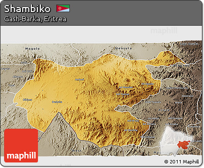 Physical 3D Map of Shambiko, semi-desaturated