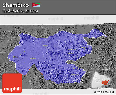 Political 3D Map of Shambiko, darken, desaturated
