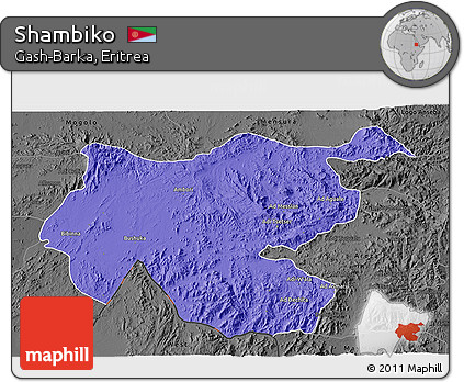 Political 3D Map of Shambiko, darken, desaturated