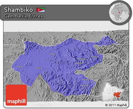 Political 3D Map of Shambiko, desaturated