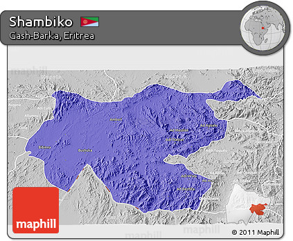 Political 3D Map of Shambiko, lighten, desaturated