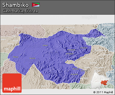 Political 3D Map of Shambiko, lighten, semi-desaturated