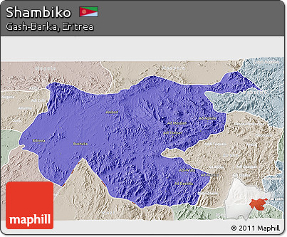 Political 3D Map of Shambiko, lighten, semi-desaturated