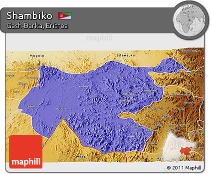 Political 3D Map of Shambiko, physical outside
