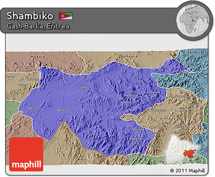 Political 3D Map of Shambiko, semi-desaturated