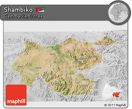 Satellite 3D Map of Shambiko, lighten, desaturated