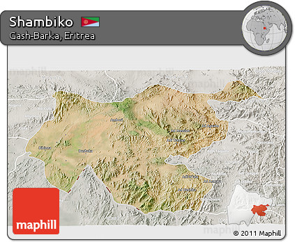 Satellite 3D Map of Shambiko, lighten, semi-desaturated