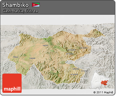 Satellite 3D Map of Shambiko, lighten, semi-desaturated