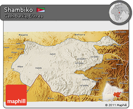 Shaded Relief 3D Map of Shambiko, physical outside