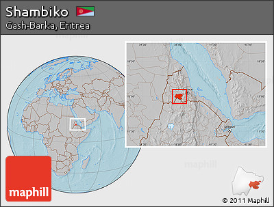 Gray Location Map of Shambiko, within the entire country, hill shading