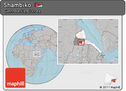 Gray Location Map of Shambiko, highlighted country, highlighted parent region, within the entire country, hill shading