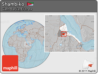 Gray Location Map of Shambiko, highlighted country, highlighted parent region, within the entire country, hill shading
