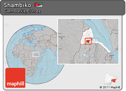 Gray Location Map of Shambiko, highlighted country, hill shading