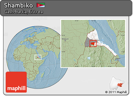 Savanna Style Location Map of Shambiko, highlighted country, highlighted parent region, hill shading