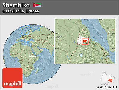 Savanna Style Location Map of Shambiko, highlighted parent region, hill shading