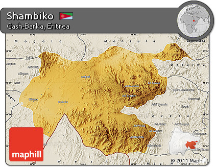Physical Map of Shambiko, shaded relief outside