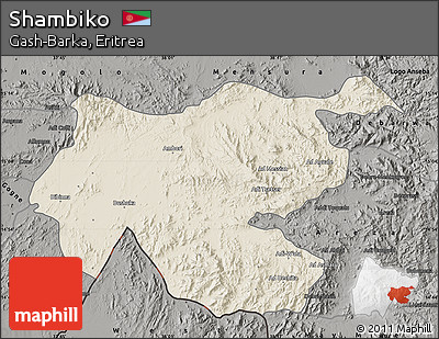 Shaded Relief Map of Shambiko, darken, semi-desaturated